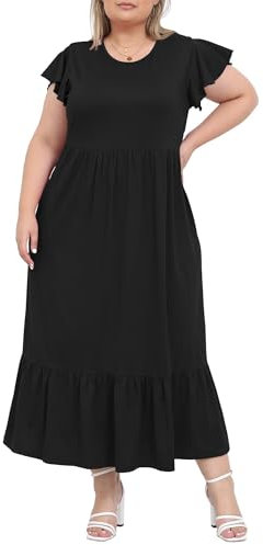Moon Wood Women's 2025 Summer Casual Dress Crew Neck Ruffle Short Sleeve Maxi Dresses with Pockets Plus Size Black XXL