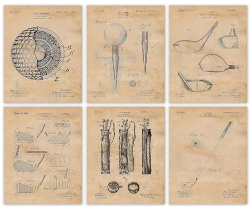 6er Set Kunstdruck Din A4 - Patent Poster- Golf Golfball Golfen Golfschläger Hobby - Vintage Retro - Druck Poster Geschenk Bild Deko - ohne Rahmen