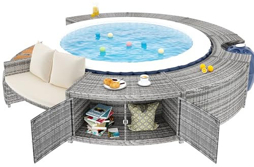 Garten-Lounge-Set mit runder Couch, Gartenmöbel-Set, Poolumrandung, Lounge-Set, für Whirlpool und Pool, mit verstellbaren Füßen, inklusive Kissen, Möbel für Terrasse, Garten oder Poolbereich