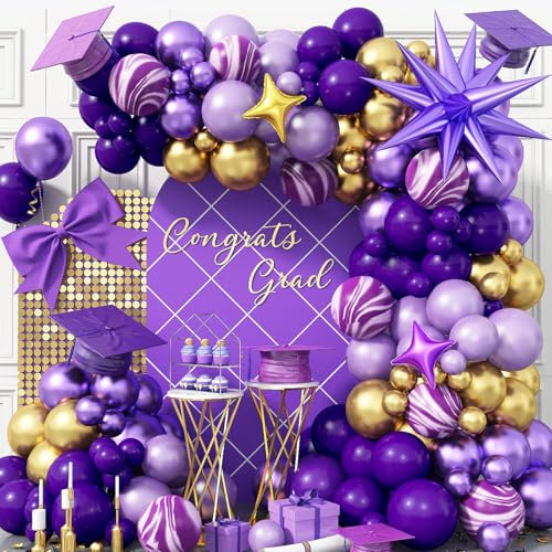 110-teiliges lila Ballonbogen-Set, lila und goldene Ballon-Girlande-Set mit Explosionsstern-Luftballons, metallisch, Dunkelviolett, Lavendel, Flieder, Geburtstagsparty-Dekorationen für Mädchen, Frauen