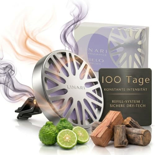 LINARI Autoparfum Auto Duft Innenraum CIELO (Zedernholz & Bergamotte) – Nachfüllbarer Autoduft für die Lüftung | Edler Lufterfrischer im Metall-Design | Luxus Auto Zubehör Innenraum