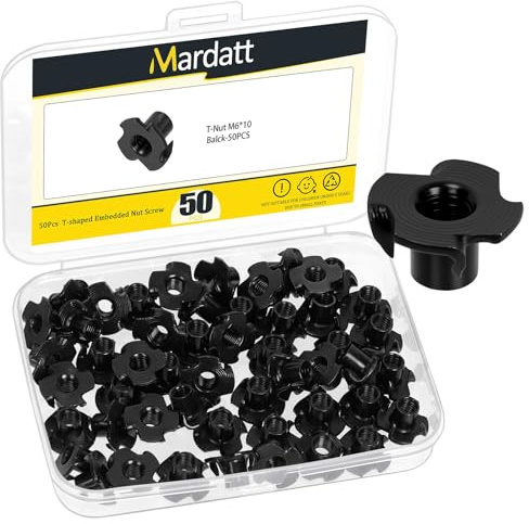 Mardatt 50PCS M6 x 10mm Black Zinc Plated Carbon Steel T Nuts Kit, Heavy Duty 4 Pronged T Nuts for Wood, Rock Climbing Holds, Cabinetry, Furniture