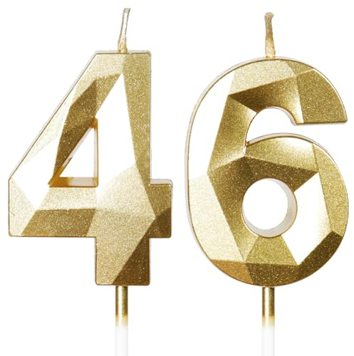 Yiran Gold 46th Birthday Candles, Gold Number 46 Happy Birthday Candles, Cake Topper Decorations for Birthday Party, Wedding Anniversary Celebration Supply