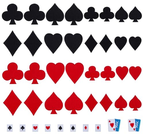FINGERINSPIRE 42 Stück Spielkarten Aufnäher zum Aufbügeln Poker-Stoffapplikationen Schwarz & Rot Pik Würfel Herz Poker Applikationen Filzbestickte Applikationen für Kleidung Kleider Hüte Hosen Schuhe