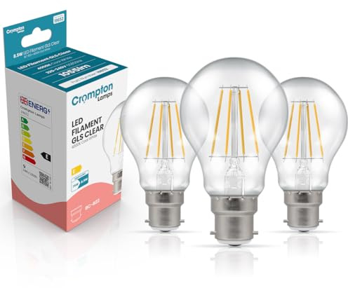 Crompton Lamps Filament GLS LED Light Bulb BC-B22d | 8.5W = 75W Equivalent | Cool White 4000K | Energy Efficient | Bayonet Lightbulb | Long Life 15,000-Hrs | Clear Glass | 3-Pack