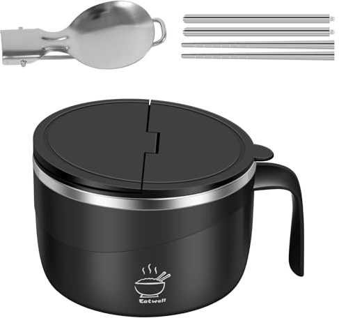 WAMEITF 1200ML Rapid Ramen Bowl with Spoon Chopsticks, Stainless Steel Ramen Noodle Bowl with Lid Mobile Phone Holder, Saving Time Keep Food Warm for College Dorm Home Office (Black)