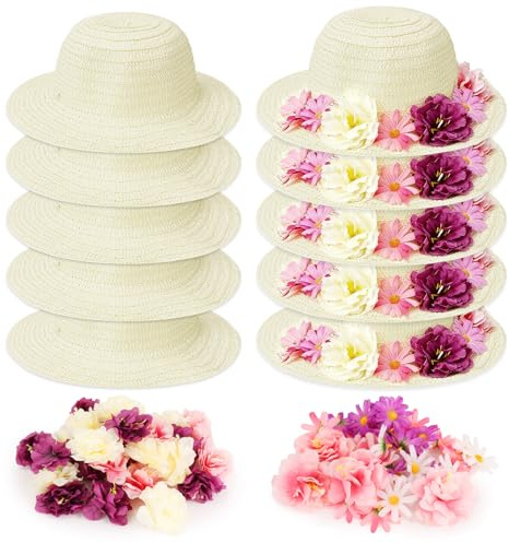 RWFMO 10 Pack DIY Straw Hat Craft Kit, Decorate Straw Hats with 60 Artificial Flowers Bulk Tea Party Hats for Crafts Events Group Activities