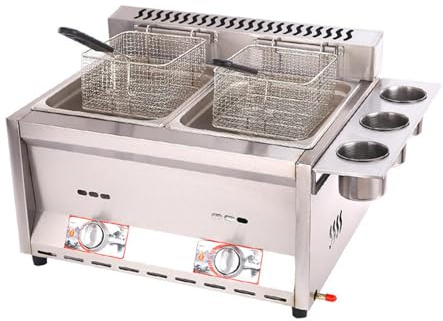 GUHPZA Friteuse Professionnelle À Gaz Gpl 2 X 8 L, en Acier Inoxydable, avec Panier Et Couvercle pour Frites, Idéale pour La Maison Et Les Restaurants.