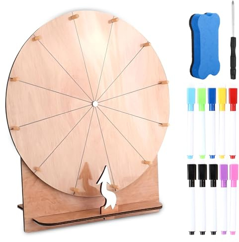 Rakuker 29 cm Glücksrad, 12 Steckplätze Preisrad aus Holz, drehendes Preisrad mit Radiergummi und Stift, Spiel für Partys, Karneval, Messen Hochzeit