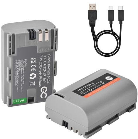 Gilonix LP-E6P Li-Ion Akkus 2er-Set 2600mAh mit USB-C für Canon EOS | Hohe Kapazität & Ersatzakkus für R5/R6 II, 5D II/III/IV, 6D II, 7D II, 60D, 70D & 80D – sicher & langlebig
