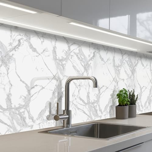 KitchenYeah© Spritzschutz Küche Küchen Rückwand Küchendeko Wand Wandschutz | 80x300 cm - Selbstklebend Backsplash Kitchen Peel And Stick Marmor - Rein - Grau - Adern