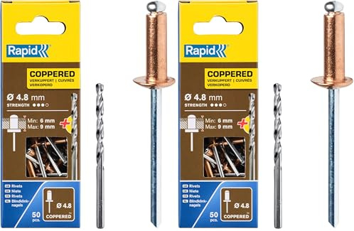 RAPID - Rivets Pop en Aluminium Ø4.8 x 12 mm, Revêtement Cuivré, Rivets Aveugles pour Gouttières/Tuyaux/Tôle - Foret Inclus - 50 Pièces, Emballage Carton (5001467) (Lot de 2)