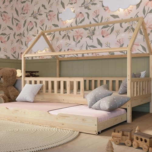 Crazy Pine Montessori Hausbett mit Ausziehbett Crazy Blanco 100x200 cm Nat.