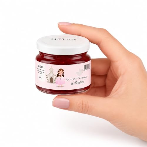 10 Barattolini di Marmellata Personalizzata con Cucchianino di Legno a parte non applicato , Gusti Assortiti | Idea Regalo Bomboniera Comunione Matrimonio Segnaposto , mini Marmellate personalizzate