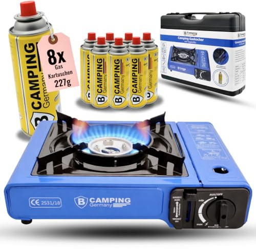 Gaskocher mit 8x 227g Gas Kartuschen - mobiler Campingkocher 1-flammig, Butangaskocher Gasherd, Kartuschenkocher 1-flammig für Camping, Outdoor, Stromausfall mit Trage-Koffer (Mit 8 Kartuschen)