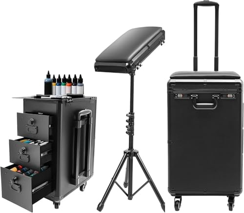 VonVVer 2 in 1 Kosmetikkoffer Trolley mit Armlehnenständer, Make-up Koffer 3 Schubladen & Zahlenschloss, 20kg Tragfähigkeit, rollbarer Nagelkoffer für Friseur, Nagelstudio, Tattoo (Metallplatte)