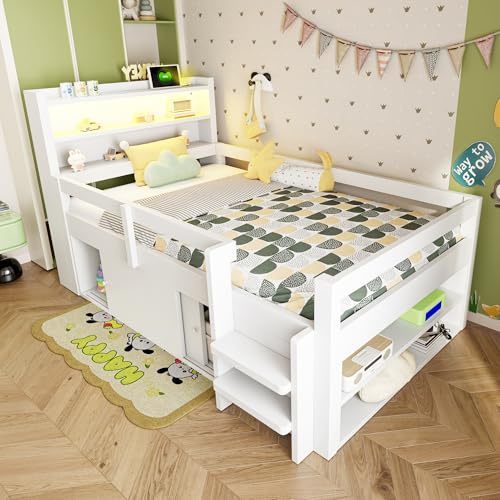 Lit 90x200 en Bois,Cadre de Lits avec espace de rangement,compartiments de stockage et portes coulissantes,Cadre avec sommier à Lattes,Éclairage LED et Multiprise (USB),lit 1 personne pour Adolescents
