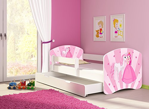 CLAMARO 'Fantasia Weiß' 180 x 80 Kinderbett Set inkl. Matratze, Lattenrost und mit Bettkasten Schublade, mit verstellbarem Rausfallschutz und Kantenschutzleisten, Design: 08 Prinzessin Einhorn