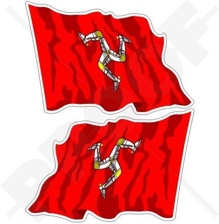 ISLE von MAN Wehende Flagge, MANX Großbritannien UK TT Rennen 75mm Auto & Motorrad Aufkleber, x2 Vinyl Stickers (Links - Rechts)