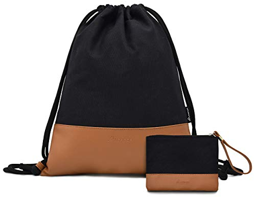 LEAPOP Turnbeutel Hipster Segeltuch Sporttaschen, Normallack Gym Sack Beutel Sportbeutel Tüte Rucksack mit Innentasche und Schlüsselbund, Münzbörsen (Schwarz+Braun)