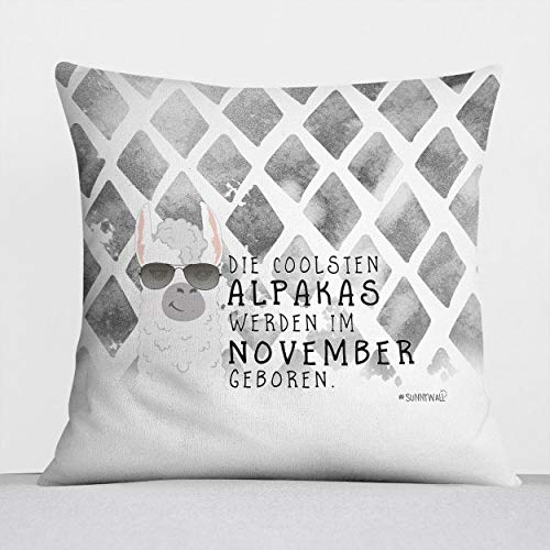 Sunnywall Monats-Kissen Alpaka Kuschel-Kissen Reißverschluss Dekokissen 40x40 cm Geburtstagsgeschenk, Geschenkidee | Die coolsten Alpakas Werden im (mit Kissenfüllung, November geboren)