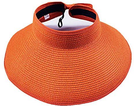 Ulalaza Women's Summer Foldable Straw Sun Visor w/Cute Bowtie UPF 50+ Packable Wide Brim Roll-Up Visor Beach Hat Orange