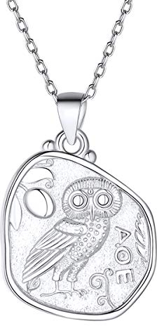 FOCALOOK platiniert unregelmäßige Reliefarbeit Münze Kette 925 Sterlingsilber Eule & Athene Anhänger mit Rolokette 1,4mm Vintage Filigrane Schmuck Accessoire für V-Ausschnitt Pullover