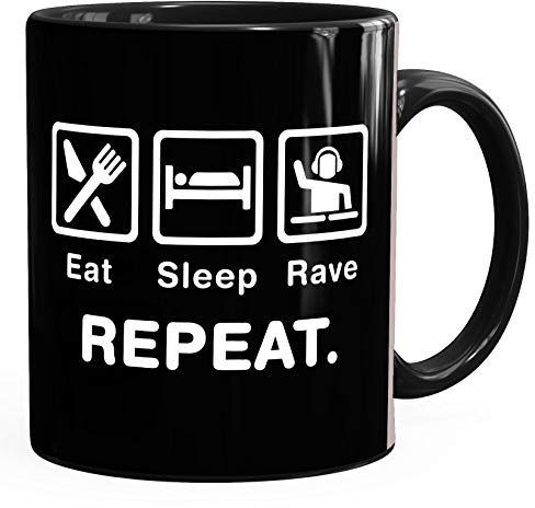 MoonWorks® Kaffee-Tasse mit Spruch Eat Sleep Repeat Mega Mix Bürotasse lustige Geschenke Kaffeebecher Rave schwarz Keramik-Tasse