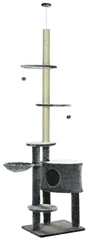 PawHut Árbol Rascador para Gatos de 220-265 cm Altura Ajustable al Techo con Plataformas Bolas de Juego Poste de Sisal Natural Gris Oscuro