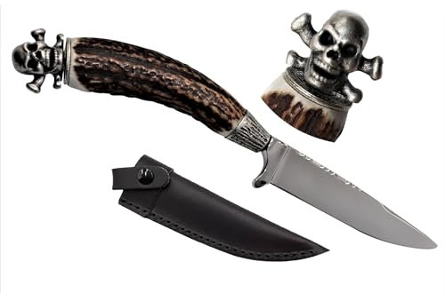 Messer Jagdmesser Skull Totenkopf echt versilbert Hirschhorn Trachtenmesser Jagd Hirschfänger Wild Bock Jagdnicker für Lederhose Biker Jäger Jagd Stahl-Klinge Hirsch, Farbe:Skull Bones