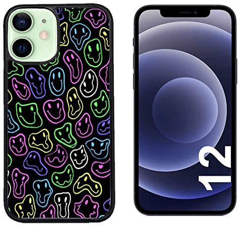 Generico Cover compatibile con Cover Apple iPhone 12 Sorriso Viola Giallo Blu Nero/Glass Back con gomma sui lati/TPU rigido