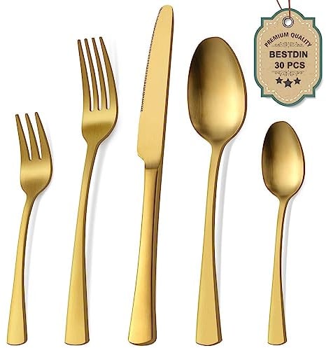Bestdin Besteck Set 6 Personen, 30 teilig Edelstahl Besteckset Matt Gold Essbesteck Set mit Messer Gabel Löffel, Hochwertiges Edelstahlbesteck, Spülmaschinenfest.