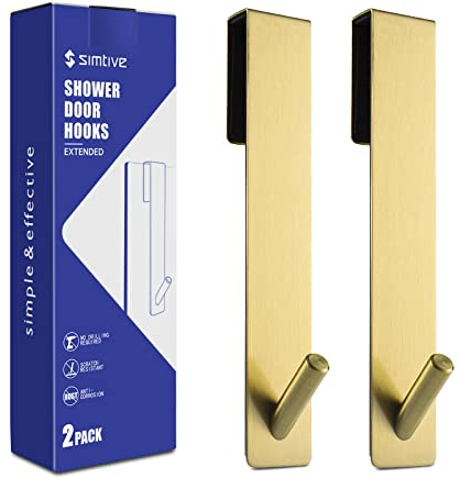 Simtive Extended Shower Door Hooks (7-Inch), Over Door Hooks for Bathroom Frameless Glass Shower Door, Towel Hooks, 2-Pack, Gold