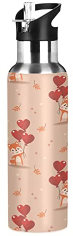 Mignon Ballon Coeur Renard Isotherme Bouteille d'eau avec Paille, Gourde Sport en Acier Inoxydable 600ML Gourdes sans BPA pour Enfant Garçon Fille École Bureau