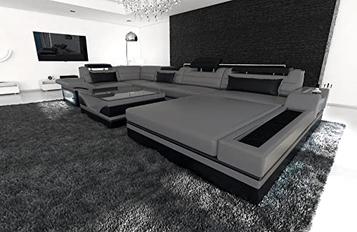Sofa Wohnlandschaft Mezzo U Form Ledersofa - mit LED Beleuchtung, verstellbare Kopfstützen, Recamiere/Lederfarben wählbar/Ausrichtung Ottomane wählbar (Ottomane rechts, Grau-Schwarz)