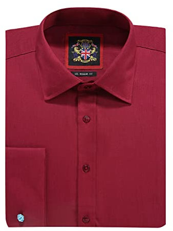 Men's Plain Dress Shirts,Long Sleeve,Double French Cuff with Cufflinks Included,Regular Fit, 14 Colours, Business Wedding Work Shirt by Janeo British Apparel. Burgundy, 15.5 inches