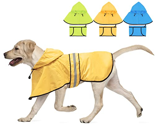 Weesiber Hunderegenmantel, Reflektierender Hund Regenmantel mit Leinenloch, wasserdichte Regenjacke Hunde Verstellbarer Hundeponcho Mit Kapuze (L, Gelb)
