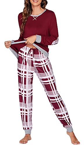 UNibelle Ensemble de Pyjama Femme Manche Longues Vêtements de Nuit Carreaux Pantalon Rouge L
