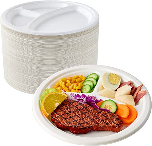 Best House Strong Bagasse Plates Biodegradable & Compostable Dinner Party Plates 10 Inch 3 compartments - Sugarcane Plates Made of Sugarcane Perfect for Everyday USE Party Picnic BBQ (Pack of 50)