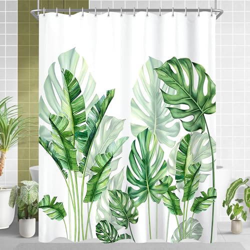 Lerores Tenda da doccia 120 x 200 cm, verde foglie, orlo appesantito, antimuffa, tessuto impermeabile, lavabile, in poliestere, con occhielli e 8 anelli per tenda da doccia per bagno, vasca da bagno