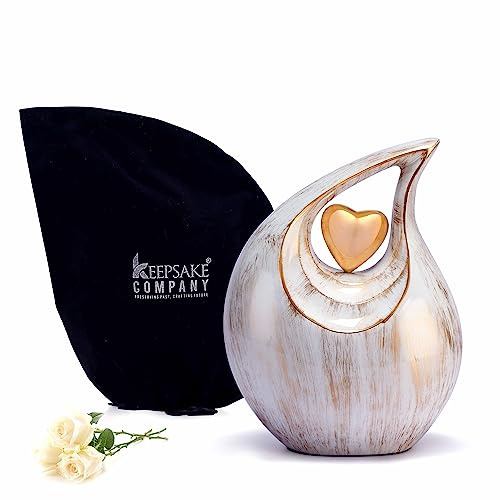 KEEPSAKE COMPANY Urna Grande en Forma de lágrima Blanca Dorada con corazón Dorado para Cenizas humanas Masculinas - Urna para Hombres y Mujeres Adultos -2,5 litros, lágrima Dorada Blanca