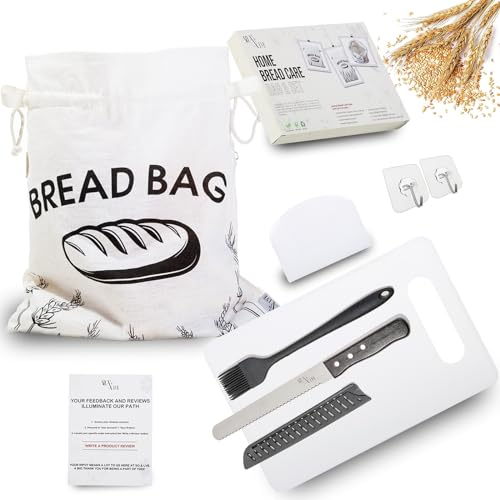 TPU-Lined BREAD BAG with 8-Inch BREAD KNIFE + Pastry Set Collection & Mini Chopping Board (Single Gift Bundle) | Multi-Feature Certified Organic Linen Bread Storage | Bread Bags for Homemade Bread
