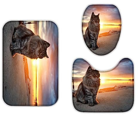 Badematten Set 3 teilig 50x80 Maine-Coon-Katze Badezimmerteppich Set 3D WC Vorleger Set rutschfeste Badematte Maschinenwaschbar Haustiere Kawaii Sonnenuntergang Badteppich Set Badezimmer badvorleger