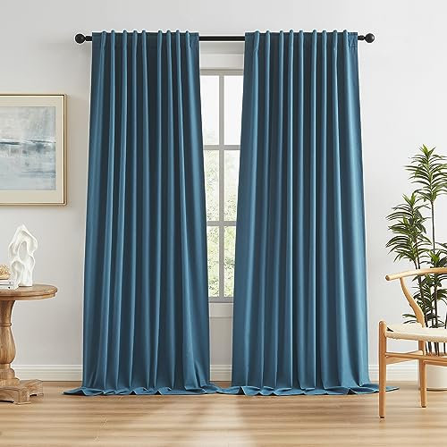Verdunklungsvorhänge, Leinenstruktur, 183 cm breit x 308 cm hoch, Schlaufentasche, plissiert, vertikal, extra lang, für Büro, Schlafzimmer, Terrassentür, Blau, Denim, 2 Paneele
