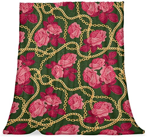 Bedding Fleece Blanket Queen Size Grey Luxury Bed Blanket Fuzzy Soft Blanket Microfiber, Pink Rose Flower Gold Chain Vintage