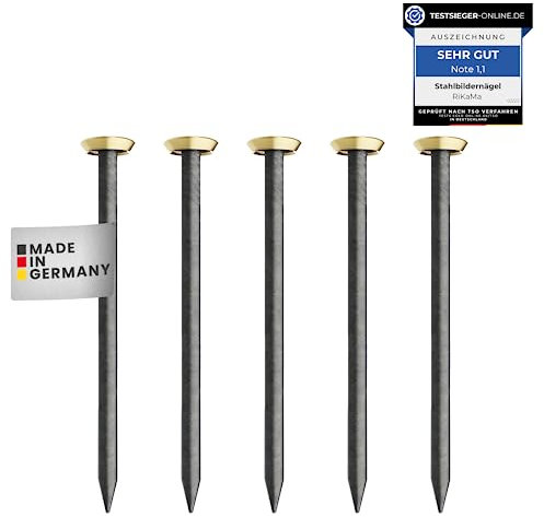 RIKAMA® – 100 Bildernägel – Stahlnägel für den Einsatz auf Beton, Ziegelstein, Putz & Holz – Nägel aus gehärtetem Stahl als Bilder Aufhängung – Made in Europe (Gold mit Halter, 40 mm)