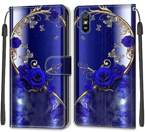 TOMYOU Handyhülle für Xiaomi Redmi 9A Hülle, Blaue Rose | Standfunktion, Kartenfach, Magnetisch, Stoßfeste Schutzhülle, Flip Leder, Klapphülle