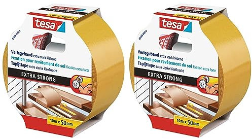 Tesa Extra Strong Ruban Adhésif Double Face de Fixation pour Sols Irréguliers – Rouleau Auto-Adhésif Antidérapant pour Moquette et Revêtements de Sol en PVC – 10 m x 50 mm (Lot de 2)