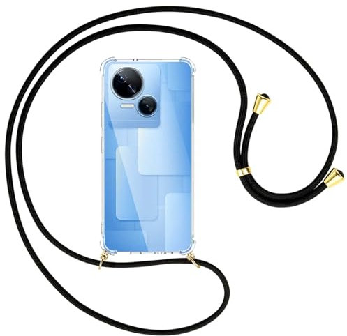 mtb more energy® Chaîne de téléphone portable compatible avec Tecno Spark 10 5G (KI8, 6,6'') – Noir/doré – Étui pour smartphone à porter autour du cou – Coque en TPU solide anti-chocs
