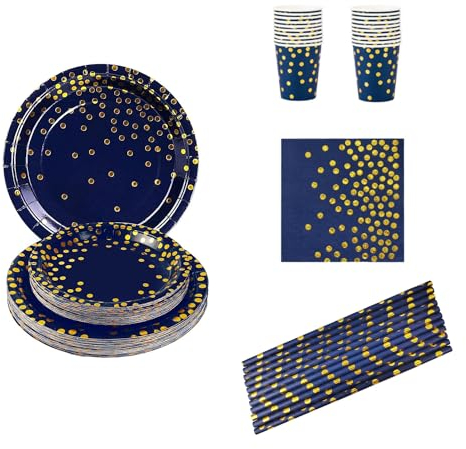 125PCS Blue Gold Party Tableware,Birthday Decoration Party Paper Plates Accessories Set Includes Plates Cups Straws Napkins Party Decoration-Serves 25